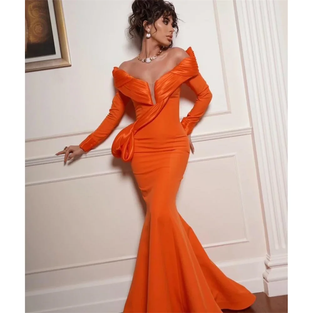 Orange Elegant Prom Dress Mermaid Off The Shoulder Long Sleeves Evening Dress Stretch Satin Floor-Length Party Drress Customized
Orange Elegant Prom Dress Mermaid Off The Shoulder Long Sleeves Evening Dress Stretch Satin Floor-Length Party Drress Customized