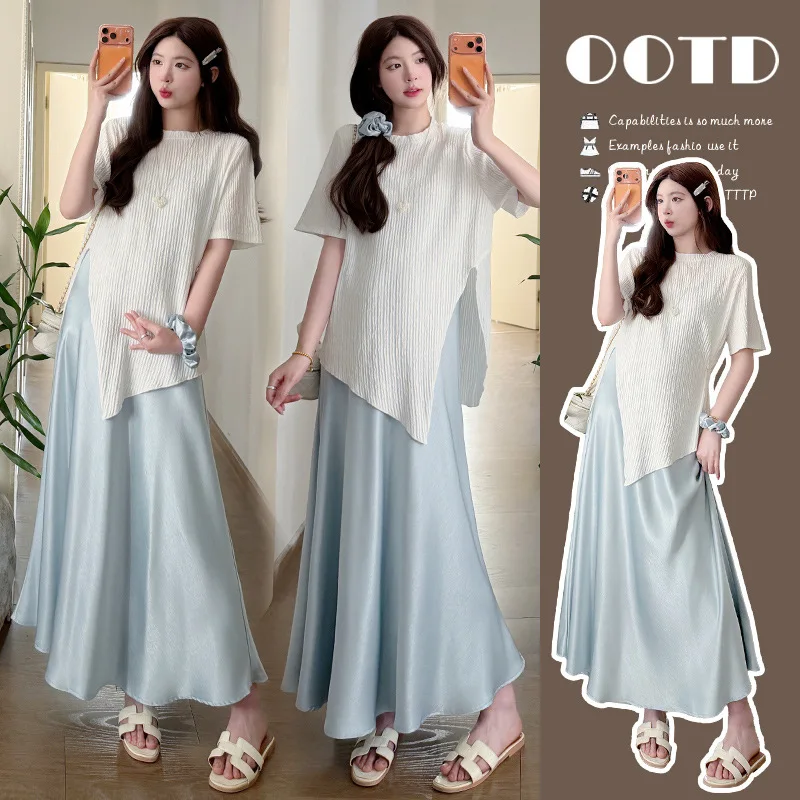 Maternity Clothes Summer 2026 French Elegant Temperament White Irregular Tops And Blue Satin Spaghetti Strap Dress For Pregnancy
Maternity Clothes Summer 2026 French Elegant Temperament White Irregular Tops And Blue Satin Spaghetti Strap Dress For Pregnancy