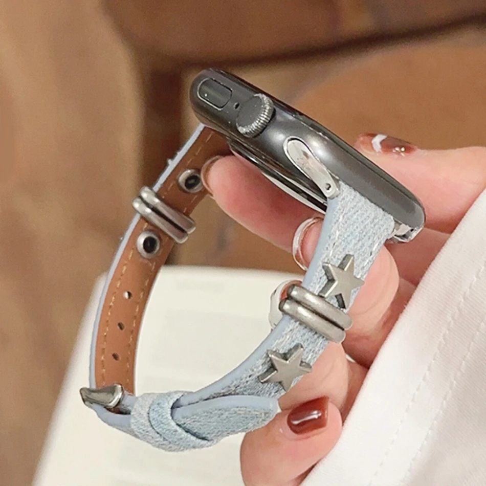 Джинсовый кожаный браслет со звездами и заклепками для Apple Watch Series 11/10/9/8/7/6/Ultra iWatch, ремешок 49/46/45/44/42/41/40/38 мм, стильный
Джинсовый кожаный браслет со звездами и заклепками для Apple Watch Series 11/10/9/8/7/6/Ultra iWatch, ремешок 49/46/45/44/42/41/40/38 мм, стильный