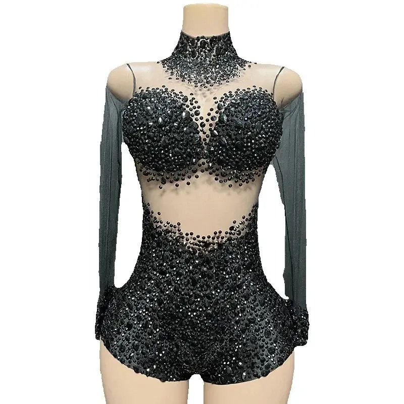 Hollow Neck Mesh Slim-Fit High-Elastic Zipper Short Jumpsuit With Black Diamond Embellishment Vestidos De Gala Glamorous Dresses
Hollow Neck Mesh Slim-Fit High-Elastic Zipper Short Jumpsuit With Black Diamond Embellishment Vestidos De Gala Glamorous Dresses