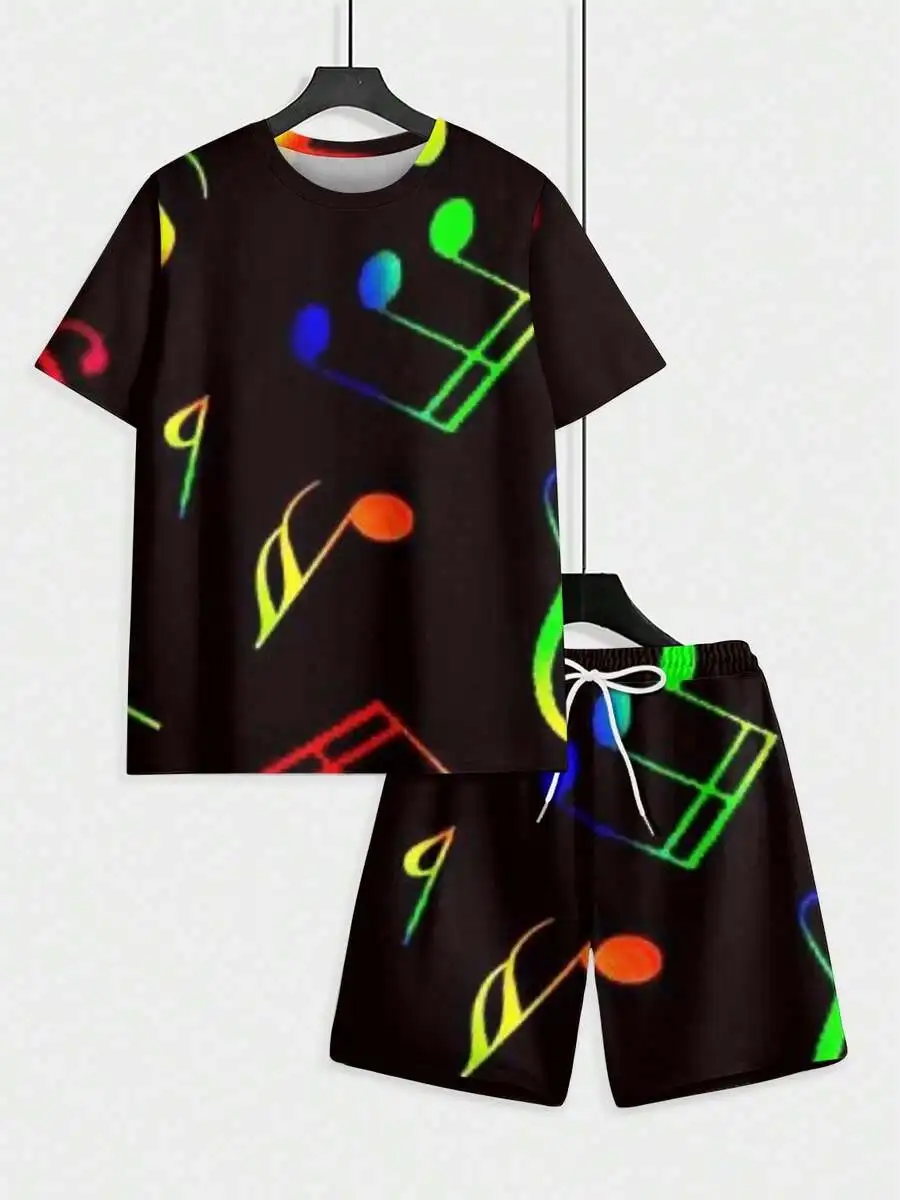 Mens Two Piece Summer Set Black Short Sleeve Shirt And Shorts With Colorful Music Note Print
Mens Two Piece Summer Set Black Short Sleeve Shirt And Shorts With Colorful Music Note Print