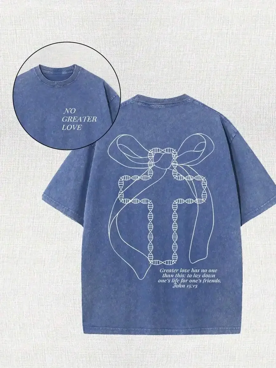Washed Blue Cotton T-Shirt With DNA Bow Graphic And John 15:13 Bible Verse
Washed Blue Cotton T-Shirt With DNA Bow Graphic And John 15:13 Bible Verse