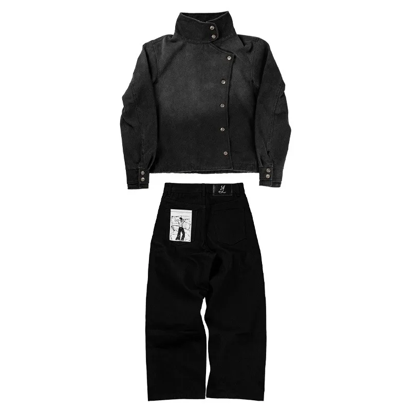 Y2K Vintage Black Denim Two Piece Set Asymmetric Button High Neck Jacket Baggy Wide Leg Pants Streetwear Gothic Harajuku Outfits
Y2K Vintage Black Denim Two Piece Set Asymmetric Button High Neck Jacket Baggy Wide Leg Pants Streetwear Gothic Harajuku Outfits