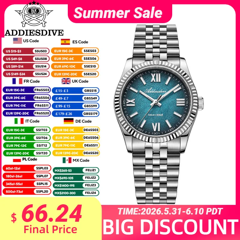 ADDIESDIVE 36mm Quartz Watches Sapphire Glass VH31 Movement BGW9 Luminous Luxury WristWatch 10Bar Waterproof Men's Dress Watch
ADDIESDIVE 36mm Quartz Watches Sapphire Glass VH31 Movement BGW9 Luminous Luxury WristWatch 10Bar Waterproof Men's Dress Watch