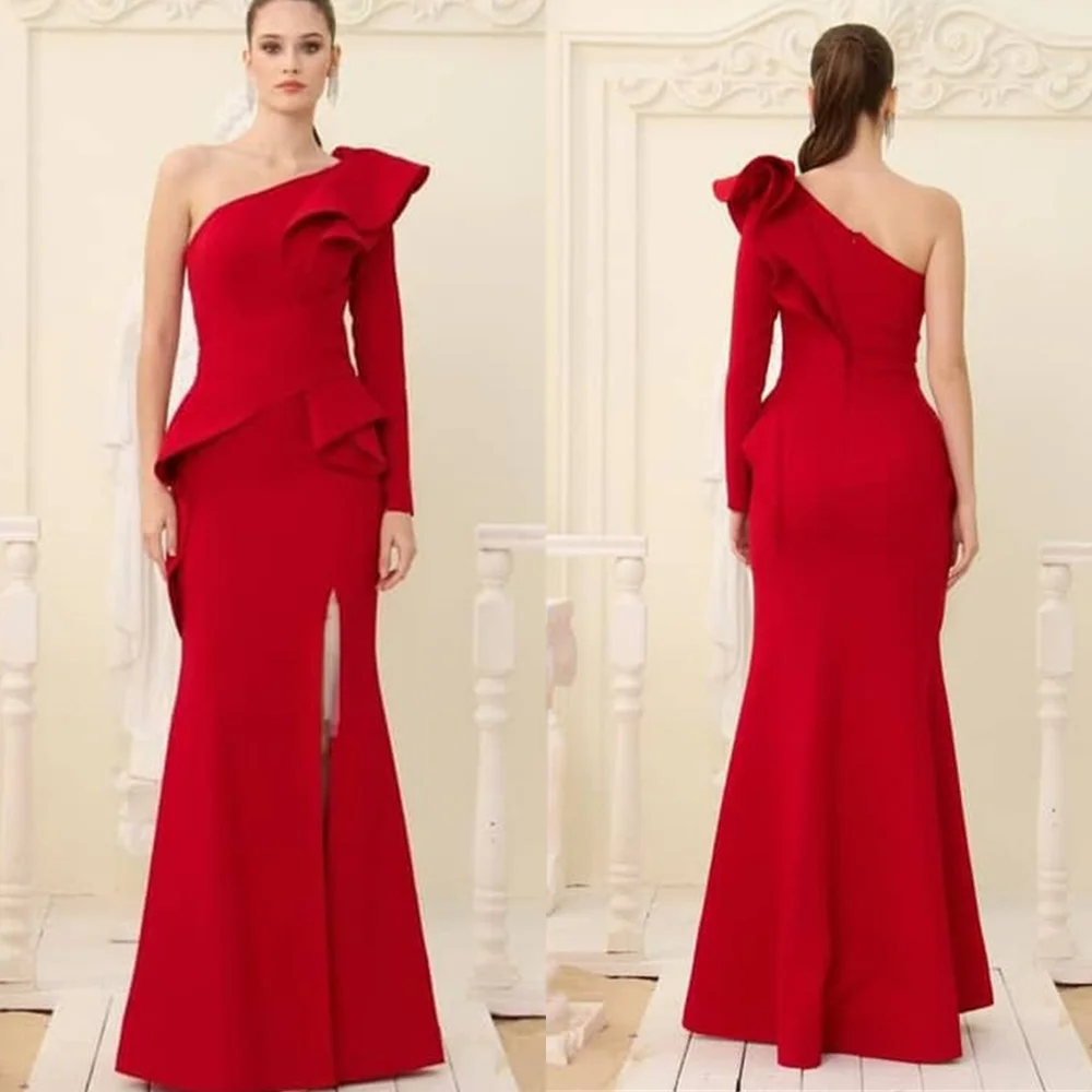 Customized Classic Red Jersey Evening Dress Simple One Shoulder Long Sleeves Zipper Back Mermaid Side Slit Homecoming Dress
Customized Classic Red Jersey Evening Dress Simple One Shoulder Long Sleeves Zipper Back Mermaid Side Slit Homecoming Dress