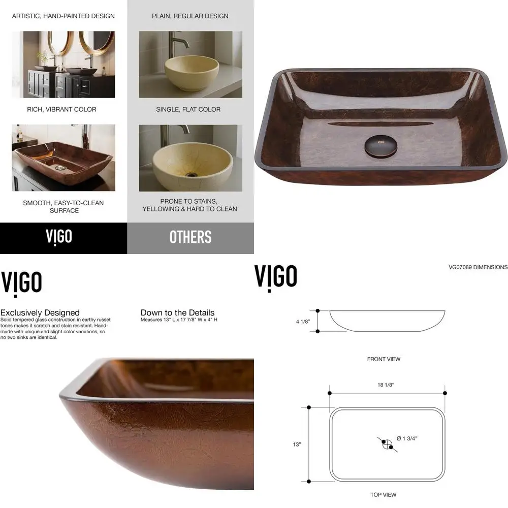 Прямоугольная стеклянная раковина для ванной комнаты 18L x 13W x 4H, красно-коричневого цвета, настольного типа
Прямоугольная стеклянная раковина для ванной комнаты 18L x 13W x 4H, красно-коричневого цвета, настольного типа