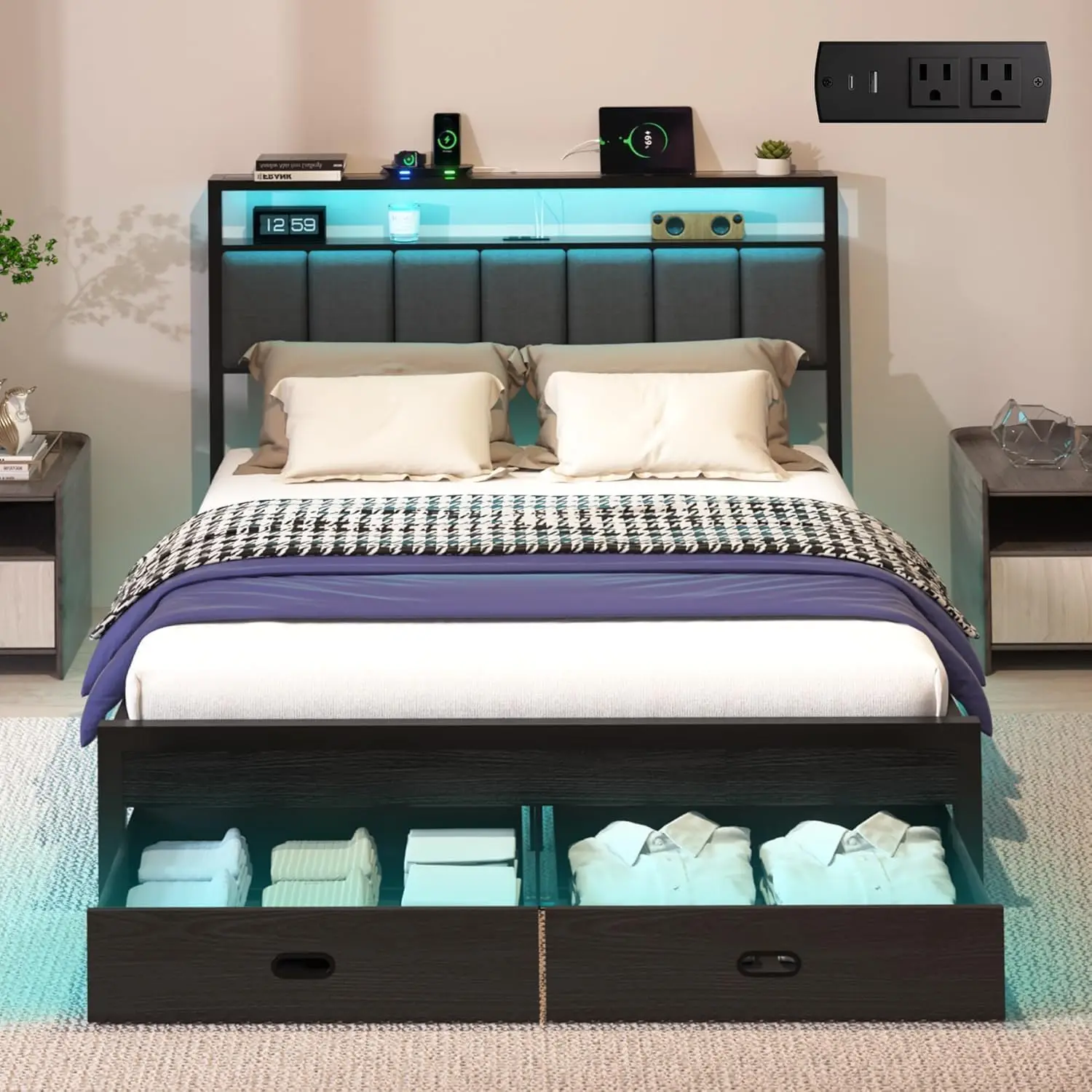 Full Bed Frames with Storage Drawer, Platform Bed with Charging Station and LED Lights, Upholstered Headboard with 2-Tier
Full Bed Frames with Storage Drawer, Platform Bed with Charging Station and LED Lights, Upholstered Headboard with 2-Tier