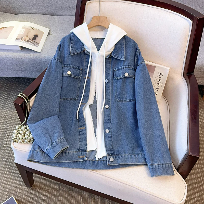 Fake Two-piece Hooded Denim Jacket Women Spring Autumn New American Style High Street Splicing Coat Fashion Single Breasted Tops
Fake Two-piece Hooded Denim Jacket Women Spring Autumn New American Style High Street Splicing Coat Fashion Single Breasted Tops