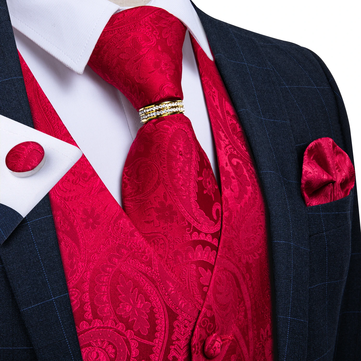 Red Paisley Floral Vest 5-Piece Accessories Set Tie Pocket Square Cufflinks Gold Ring For Wedding Banquet Formal Party
Red Paisley Floral Vest 5-Piece Accessories Set Tie Pocket Square Cufflinks Gold Ring For Wedding Banquet Formal Party