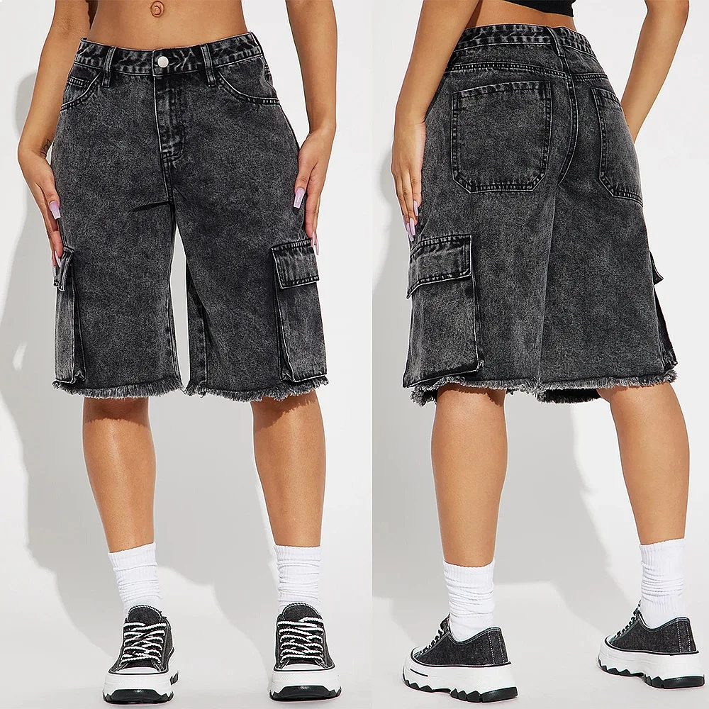 Summer Street Washed Frayed Denim Cargo Shorts for Women Casual Straight Mid Length Shorts
Summer Street Washed Frayed Denim Cargo Shorts for Women Casual Straight Mid Length Shorts