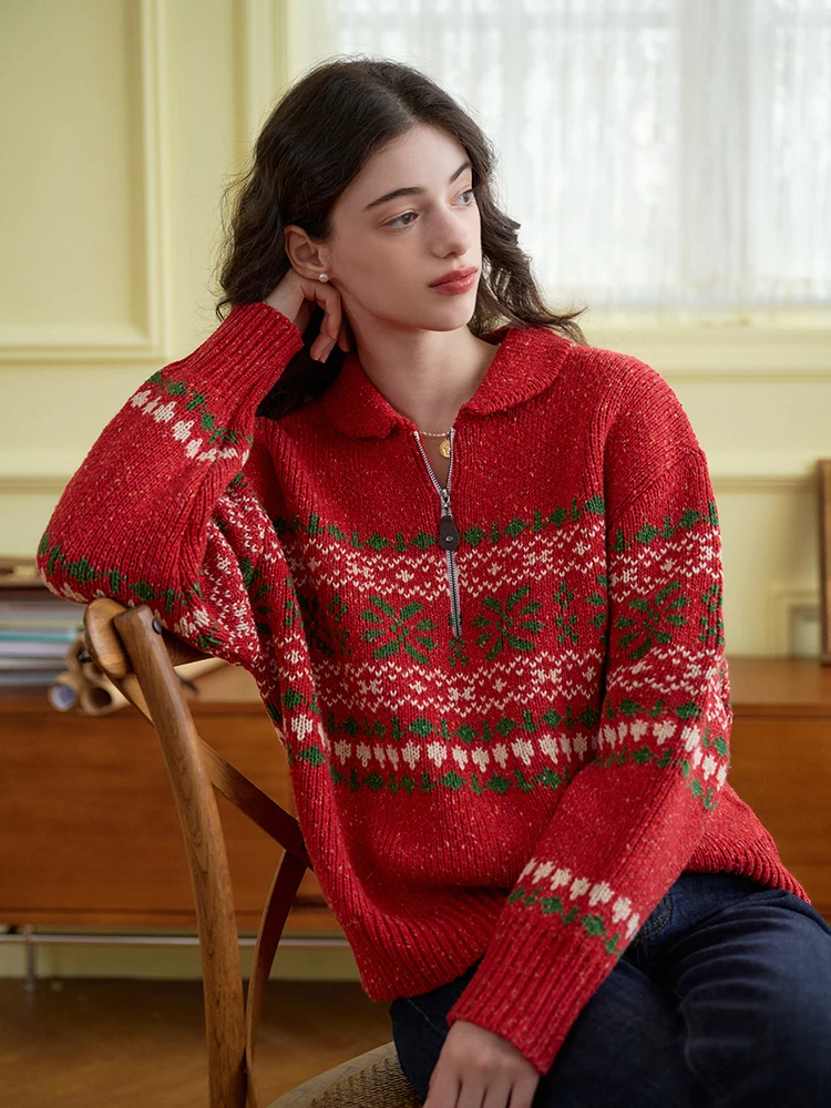 SimpleRetro Women's Zipper Collar Knitted Sweater Fair Isle Pattern Christmas House Gingerbread House Overhead Style
SimpleRetro Women's Zipper Collar Knitted Sweater Fair Isle Pattern Christmas House Gingerbread House Overhead Style