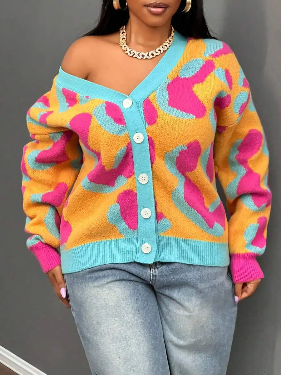 Colorful Abstract Print Loose Fit V-Neck Cardigan Women Knitted Sweater
Colorful Abstract Print Loose Fit V-Neck Cardigan Women Knitted Sweater