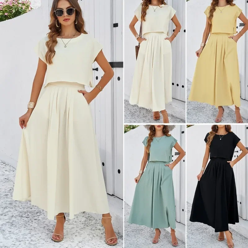 European American Summer Casual Sleeveless Top and Long Skirt Set Elegant Round Neck Solid Color Fashion Dresses Women's Dress
European American Summer Casual Sleeveless Top and Long Skirt Set Elegant Round Neck Solid Color Fashion Dresses Women's Dress