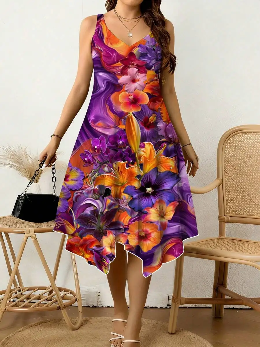 Floral Print Women V Neck Sleeveless Asymmetrical Hem Dress Breathable Casual Vacation Wear
Floral Print Women V Neck Sleeveless Asymmetrical Hem Dress Breathable Casual Vacation Wear