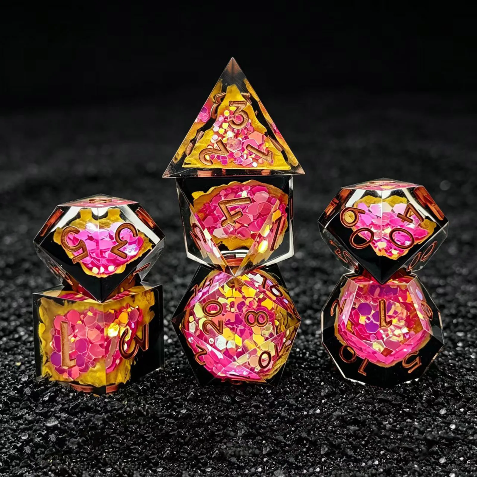 7pcs Handmade Sharp Resin Dice set, Gold Foil Blue Fragment Polyhedral DND Dice Set for D&D Tabletop Games Role Playing Game
7pcs Handmade Sharp Resin Dice set, Gold Foil Blue Fragment Polyhedral DND Dice Set for D&D Tabletop Games Role Playing Game