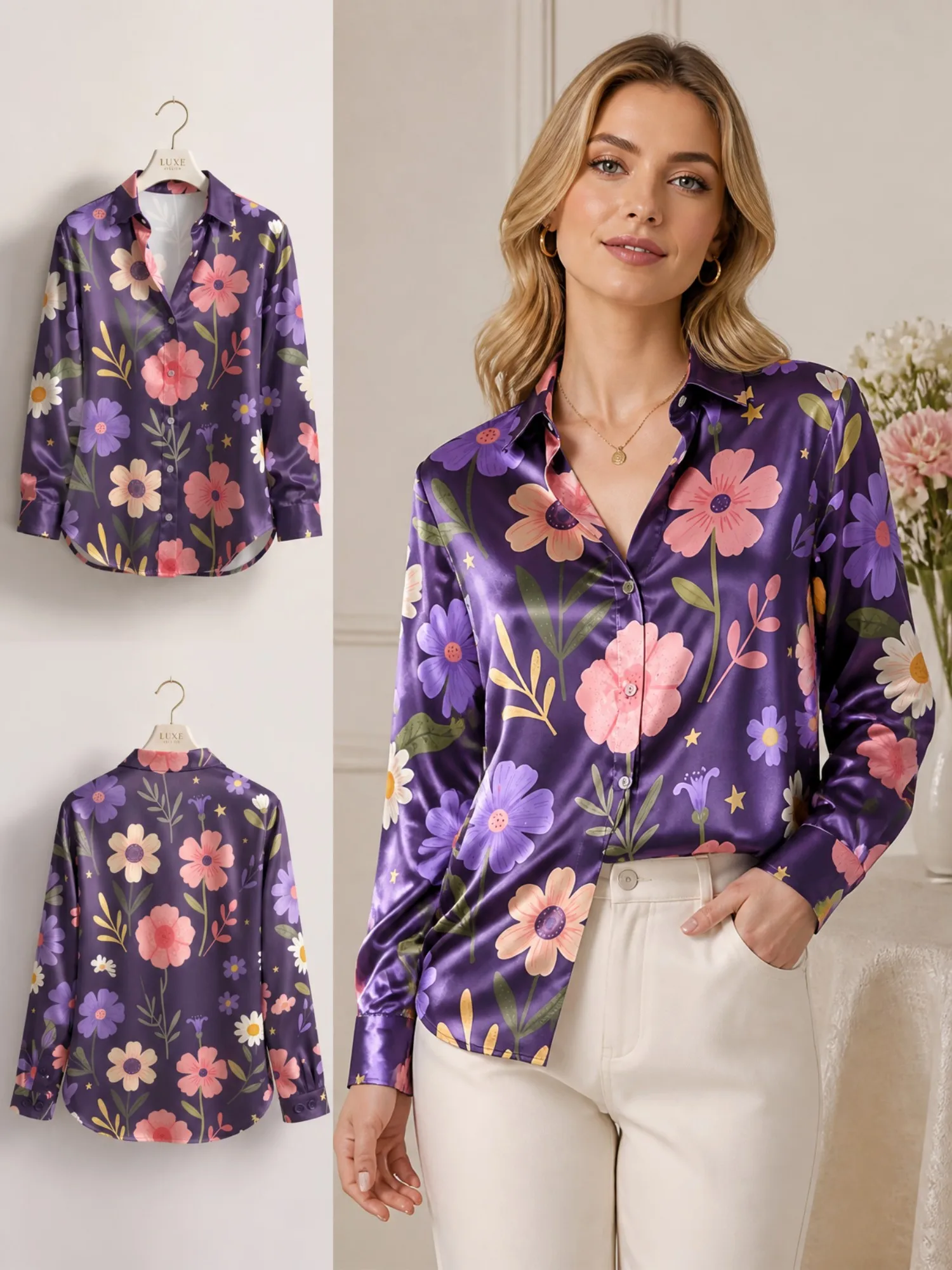 Deep Purple Floral Satin Blouse for Women Long Sleeve Button Down Shirt Garden Party Casual Elegant Silky Fashion Top Pretty New
Deep Purple Floral Satin Blouse for Women Long Sleeve Button Down Shirt Garden Party Casual Elegant Silky Fashion Top Pretty New