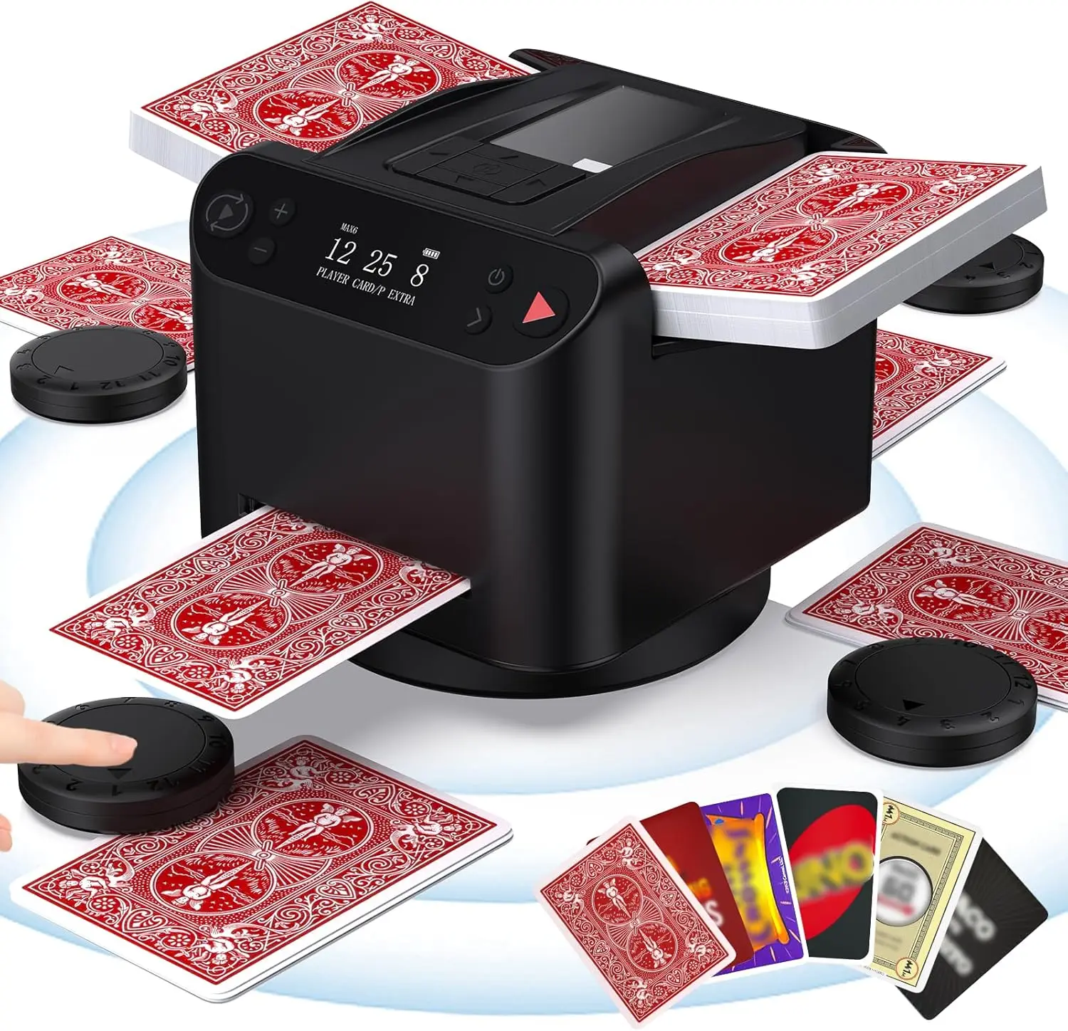 Automatic Card Shuffler and Dealer for 2-12 Players with Wireless Remote, Rotating Decks for Poker, UNO, Blackjack
Automatic Card Shuffler and Dealer for 2-12 Players with Wireless Remote, Rotating Decks for Poker, UNO, Blackjack