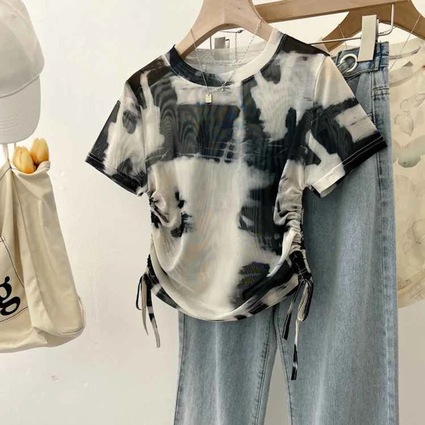 Summer Tie dye Mesh T-shirt Round Neck Short Sleeved Women Pleated Top Korean Casual Fashion Slim Fit Female T-shirt
Summer Tie dye Mesh T-shirt Round Neck Short Sleeved Women Pleated Top Korean Casual Fashion Slim Fit Female T-shirt