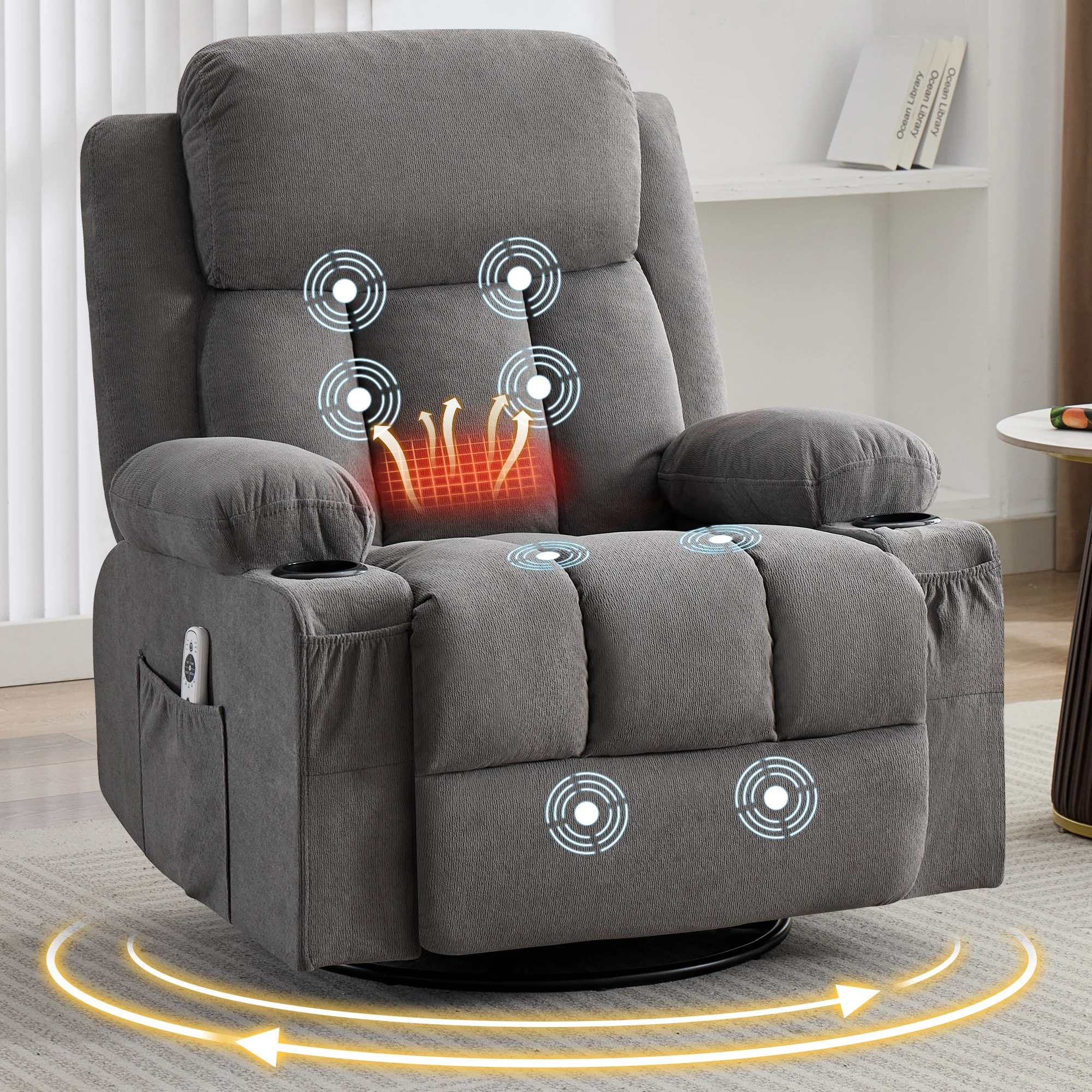 Fabric Grey USB Charge Port 360° Swivel Rocker Recliner Chair with Vibration Massage and Heat & Pocket
Fabric Grey USB Charge Port 360° Swivel Rocker Recliner Chair with Vibration Massage and Heat & Pocket