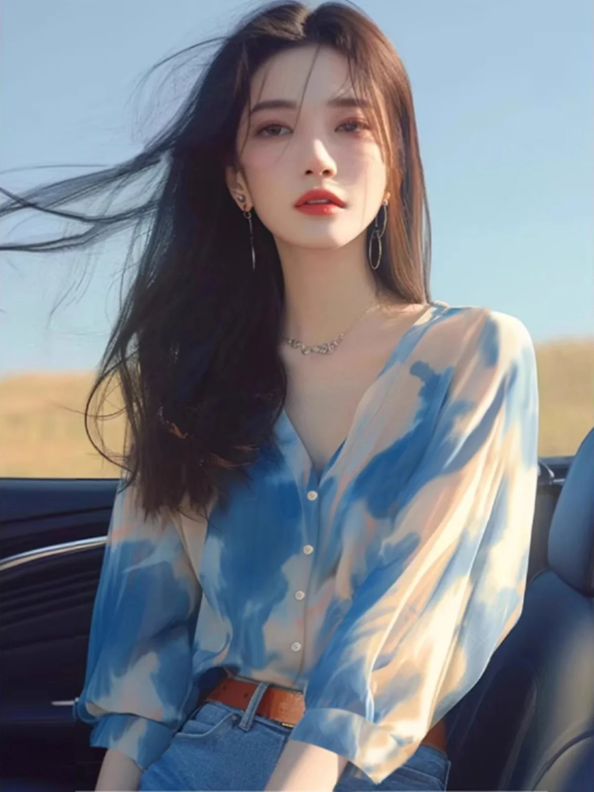 Unique Beautiful Blue V-ne Dyed irt Women's Faion Summer New Arrival Loose Fit Casual irt by Yue Gu Li
Unique Beautiful Blue V-ne Dyed irt Women's Faion Summer New Arrival Loose Fit Casual irt by Yue Gu Li