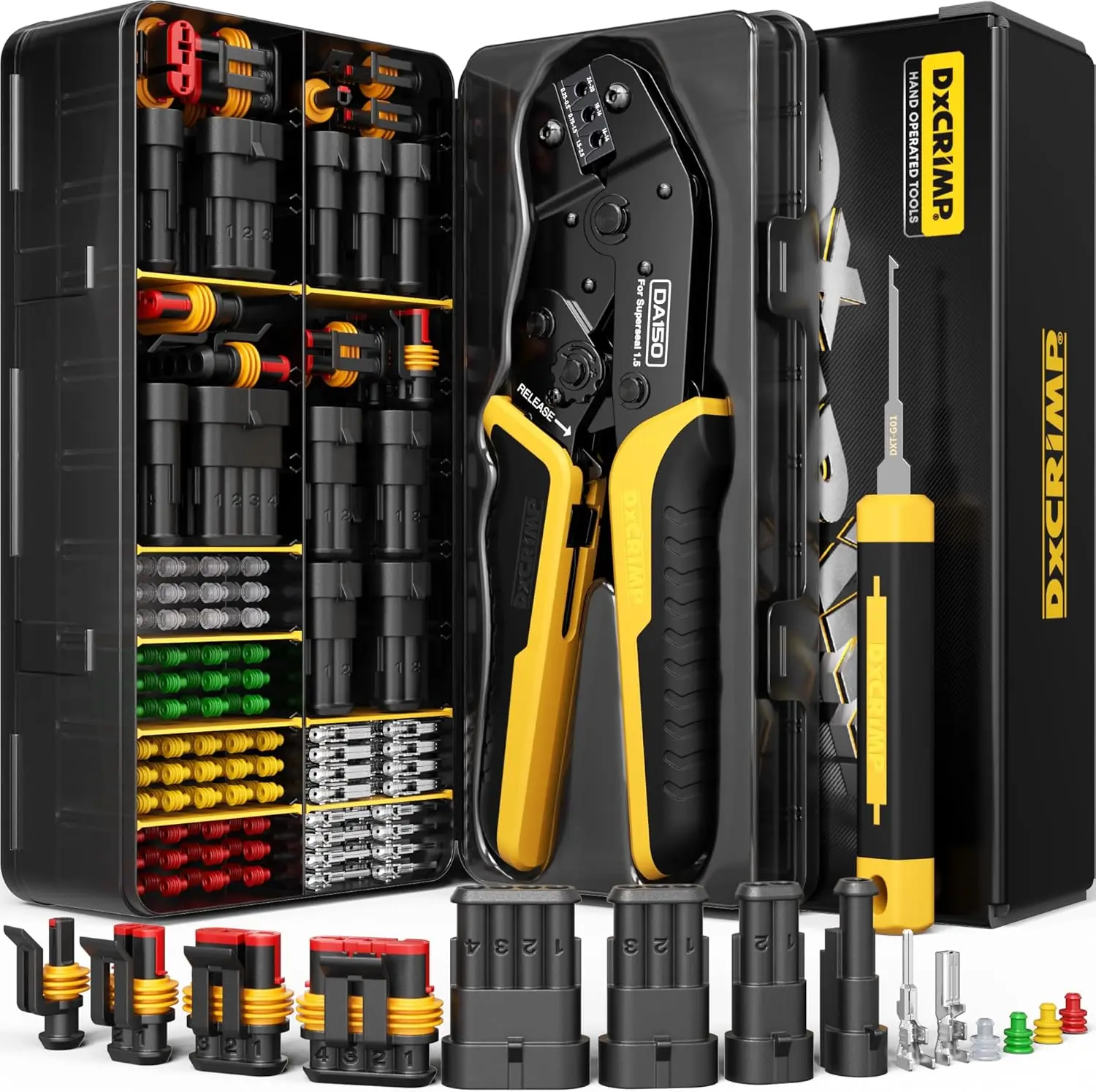 Waterproof Automotive Electrical Connectors Crimping Tool Kit, 1/2/3/4 Pin Plugs, Ratchet Crimper for 24-14 AWG, Removal Tools
Waterproof Automotive Electrical Connectors Crimping Tool Kit, 1/2/3/4 Pin Plugs, Ratchet Crimper for 24-14 AWG, Removal Tools