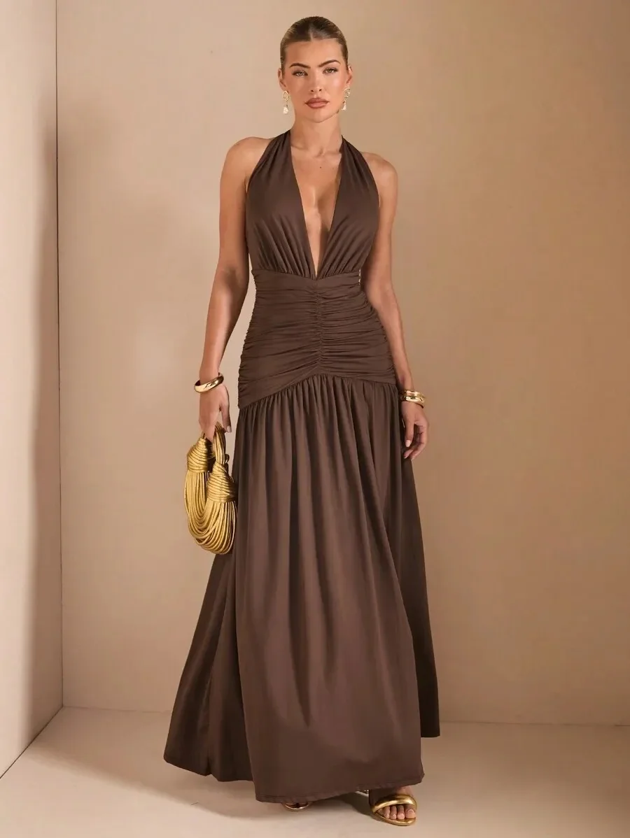 Dubai style brown deep V evening dress pleated slit floor-length dress, women's formal prom dress, wedding, banquet, ceremony
Dubai style brown deep V evening dress pleated slit floor-length dress, women's formal prom dress, wedding, banquet, ceremony