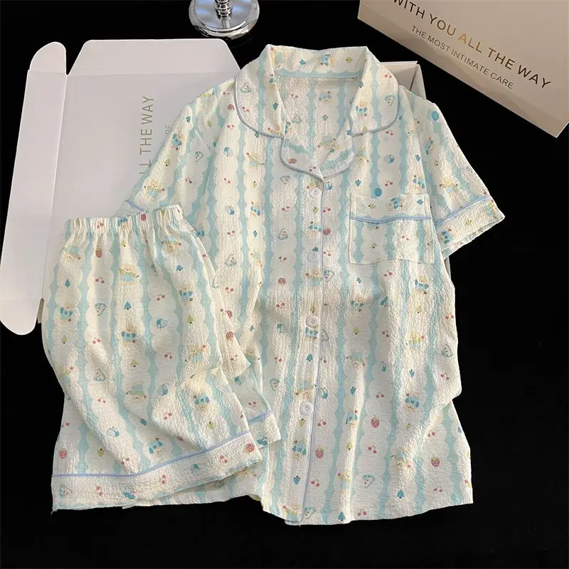 Summer Short Sleeve Sleepwear Women's Bubble Gauze Pleated Cardigan Sweet Little Cherry Thin Home Clothes Set Casual Style 36 S3c94d30834c0481bb05864e3befc88bd8
