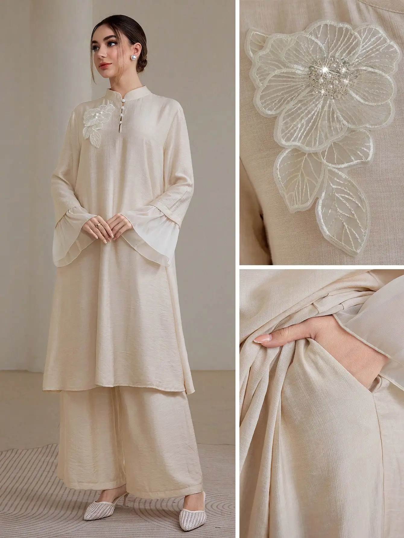 Элегантный женский скромный комплект с длинными рукавами, воротником-стойкой и цветочной вышивкой, готовый к осени
Элегантный женский скромный комплект с длинными рукавами, воротником-стойкой и цветочной вышивкой, готовый к осени