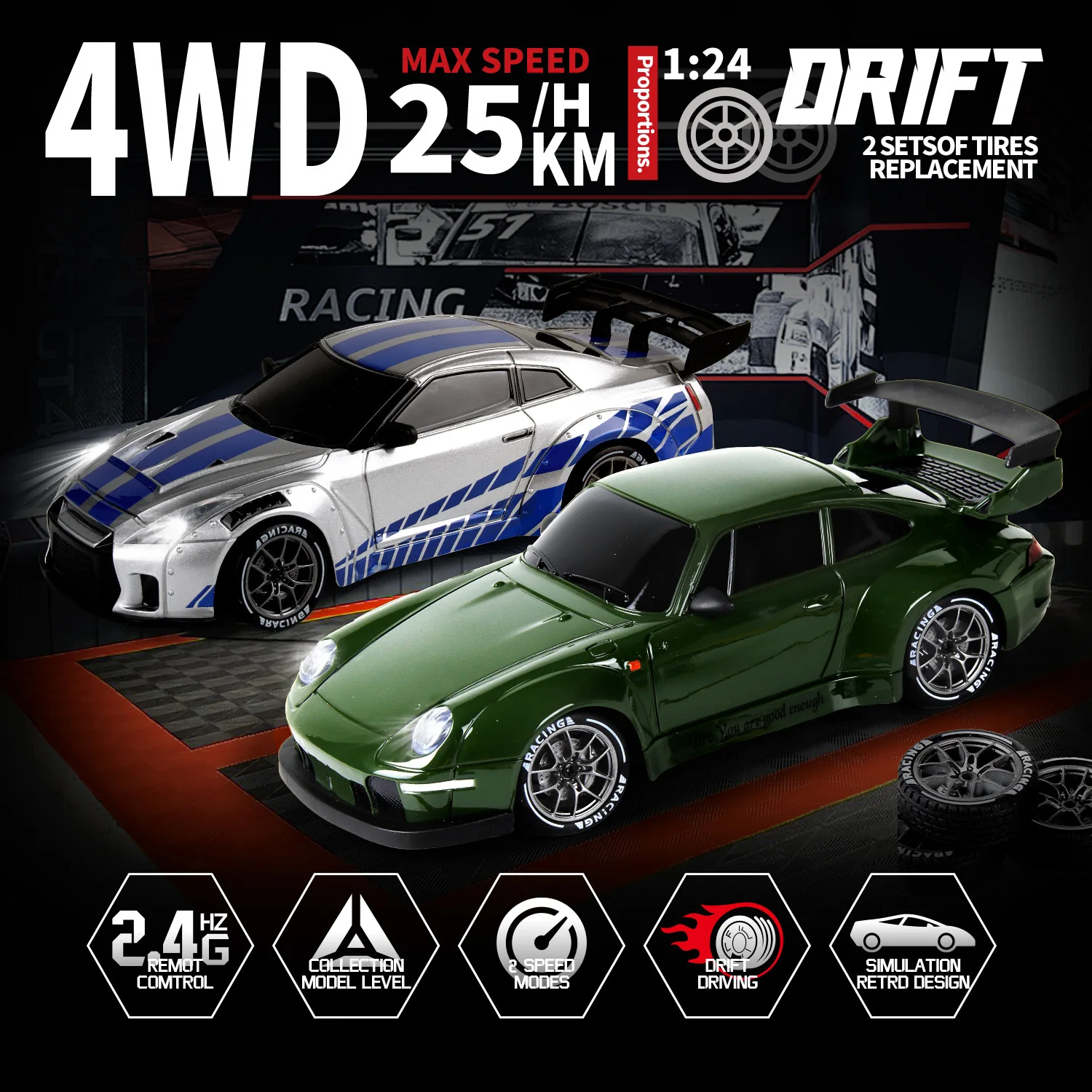 1:24 Scale RC Drift Car GT Racing Model 2.4GHz Gun-style Remote Control Rechargeable Tail Drift Holiday Gift Kids Boys Racing To
1:24 Scale RC Drift Car GT Racing Model 2.4GHz Gun-style Remote Control Rechargeable Tail Drift Holiday Gift Kids Boys Racing To