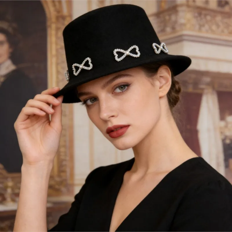 Black pearl knot top hat versatile and fashionable felt women's
Black pearl knot top hat versatile and fashionable felt women's