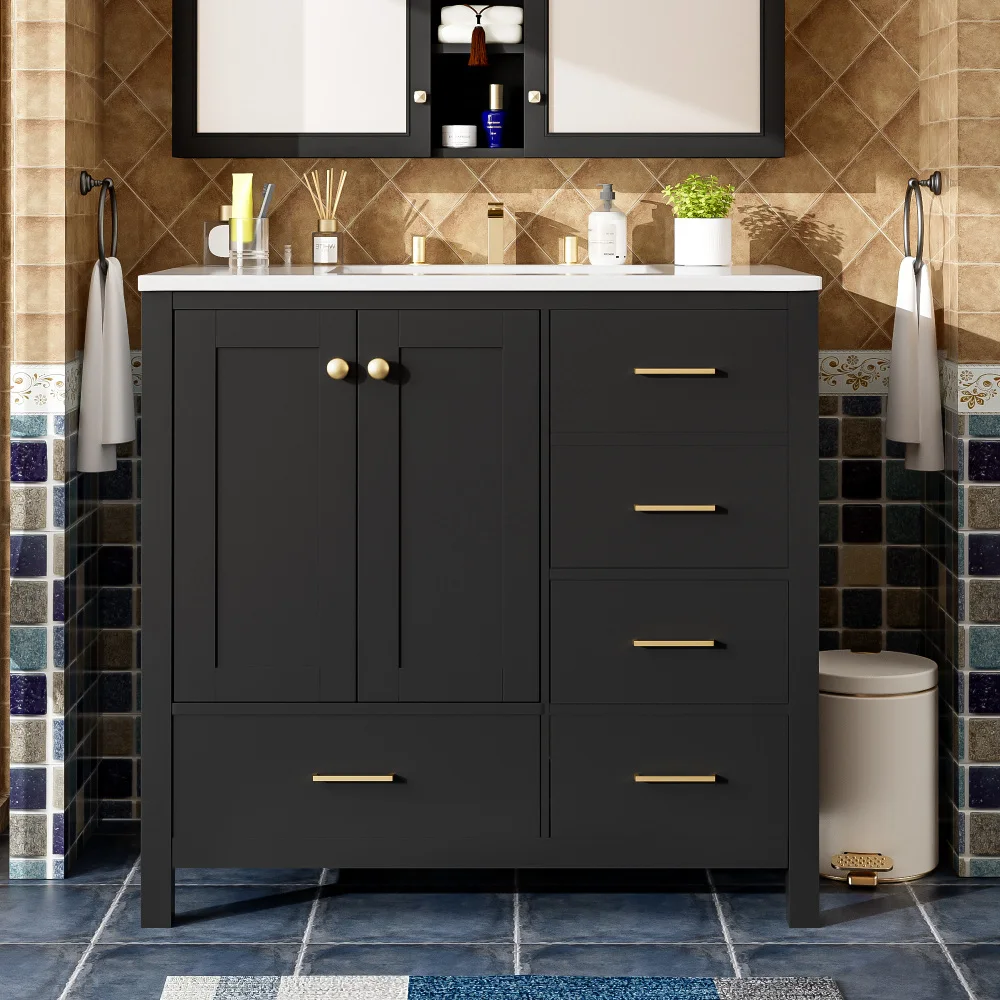 36'' Bathroom Vanity with Ceramic Sink Combo, Solid Wood Frame Bathroom Storage Cabinet, Freestanding Vanity Set with 4 Drawers
36'' Bathroom Vanity with Ceramic Sink Combo, Solid Wood Frame Bathroom Storage Cabinet, Freestanding Vanity Set with 4 Drawers