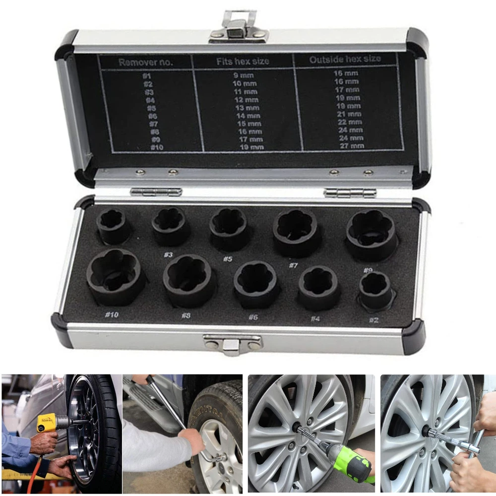 10 Pcs Impact Bolt & Nut Remover Set, Tool with Aluminium Storage Case for Removing Damaged Frozen Rusted Rounded-Off Bolts Nuts
10 Pcs Impact Bolt & Nut Remover Set, Tool with Aluminium Storage Case for Removing Damaged Frozen Rusted Rounded-Off Bolts Nuts