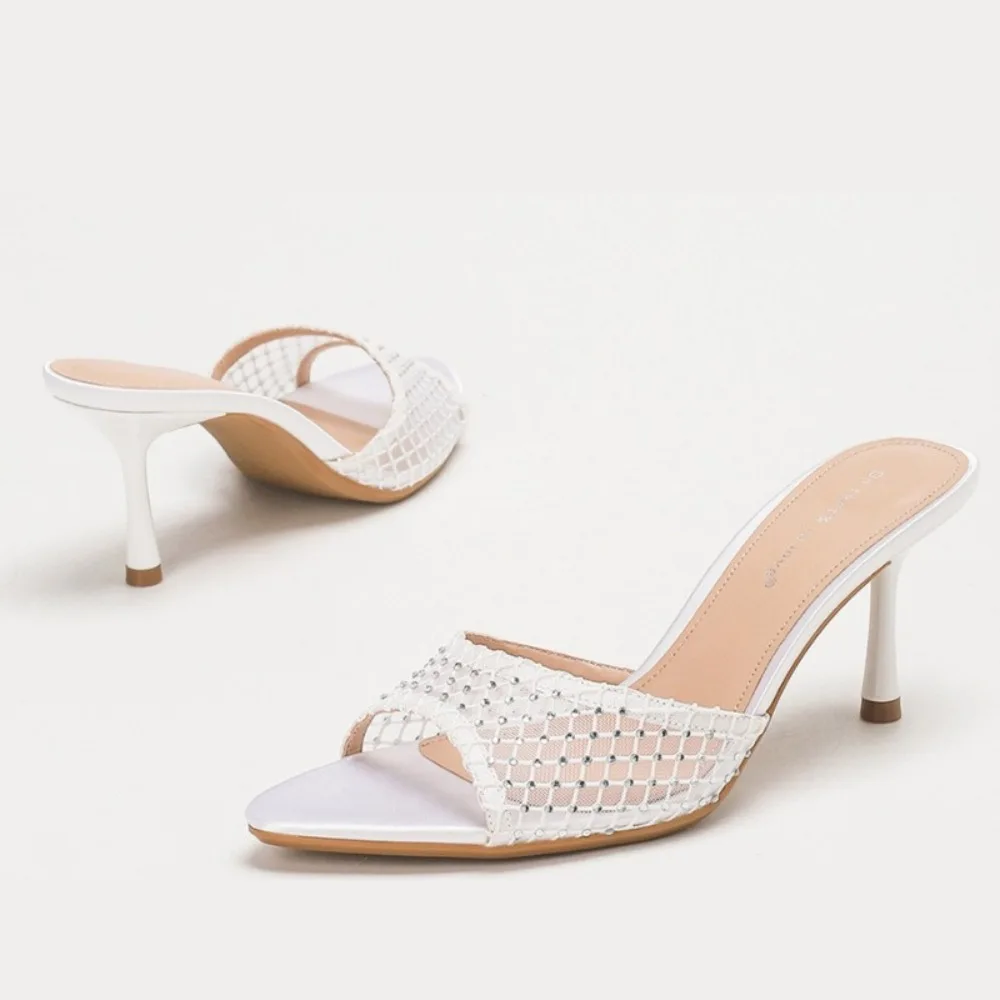 2026 Summer White Mesh Rhinestone Slide Sandals Women Square Toe Thin Heel Mules for Wedding Party and Beach Vacation
2026 Summer White Mesh Rhinestone Slide Sandals Women Square Toe Thin Heel Mules for Wedding Party and Beach Vacation