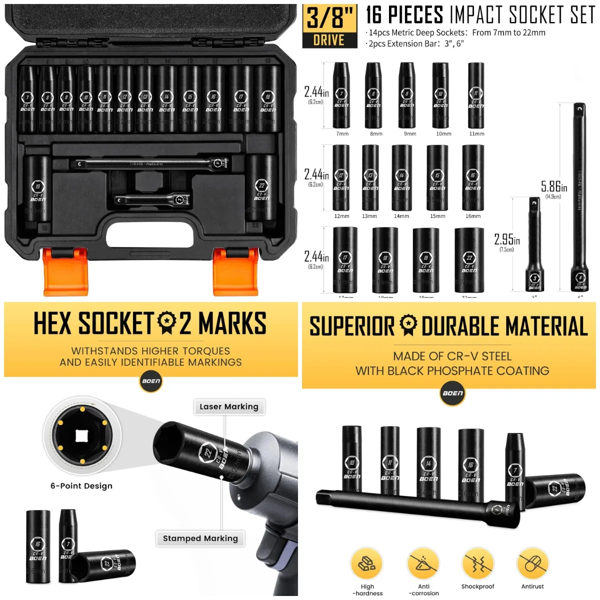 3/8' Drive 16-Piece Metric Impact Socket Set, 7-22mm, 6pt, Cr-V Steel, Includes Extensions & Case
3/8' Drive 16-Piece Metric Impact Socket Set, 7-22mm, 6pt, Cr-V Steel, Includes Extensions & Case