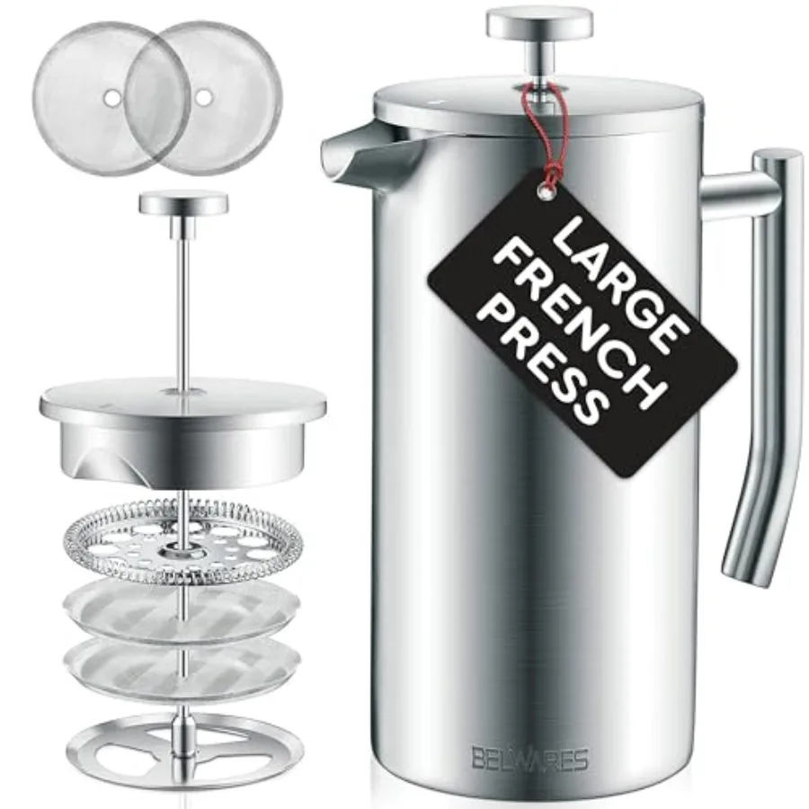 French Press Coffee Maker - 6-Cup Capacity 304 Stainless Steel Coffee Press Double Wall Insulation Heat Retention 4-Level Filtr
French Press Coffee Maker - 6-Cup Capacity 304 Stainless Steel Coffee Press Double Wall Insulation Heat Retention 4-Level Filtr