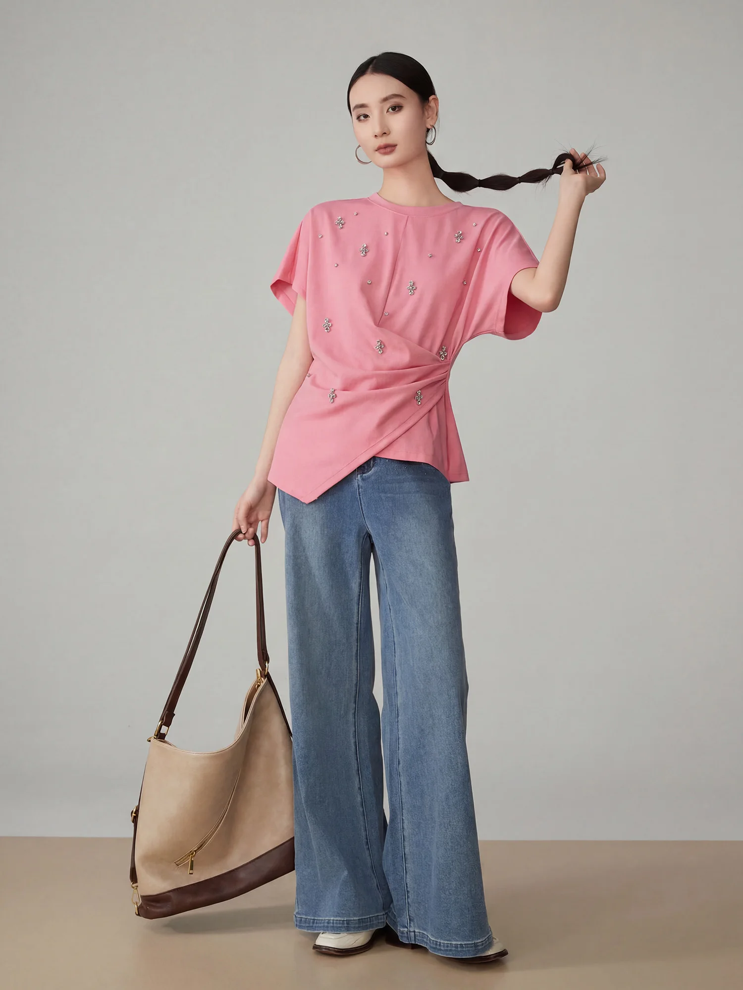 Casual Style Asymmetric round Neck Short Sleeve T-Shirt Women's Waist-Cinching Design Summer New Fashion Polyester Fiber
Casual Style Asymmetric round Neck Short Sleeve T-Shirt Women's Waist-Cinching Design Summer New Fashion Polyester Fiber