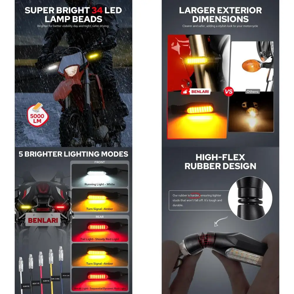Benlari 4PCS Flowing Motorcycle Turn Signals With Running Lights, Front & Rear Turn Signal Brake Light 12V Fit for Harley Honda
Benlari 4PCS Flowing Motorcycle Turn Signals With Running Lights, Front & Rear Turn Signal Brake Light 12V Fit for Harley Honda