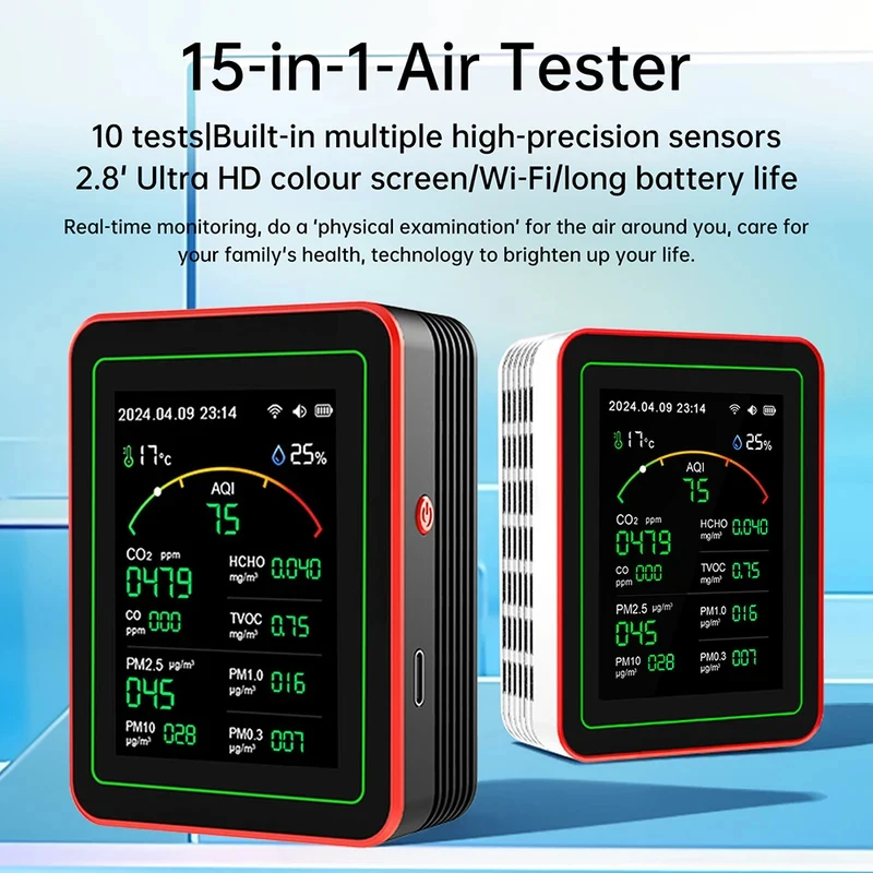 15-1 multifunctional digital air quality monitor, CO2 CO TVOC HCHO PM digital temperature and humidity tester.
15-1 multifunctional digital air quality monitor, CO2 CO TVOC HCHO PM digital temperature and humidity tester.