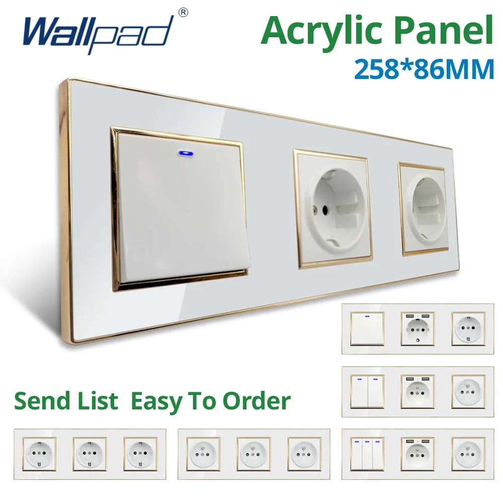 Тройная акриловая панель Wallpad 258*86 мм, настенный выключатель с золотой рамкой, светодиодный индикатор, USB, розетка европейского стандарта, 5, 6, 7, 8 клавиш, 2 канала
Тройная акриловая панель Wallpad 258*86 мм, настенный выключатель с золотой рамкой, светодиодный индикатор, USB, розетка европейского стандарта, 5, 6, 7, 8 клавиш, 2 канала