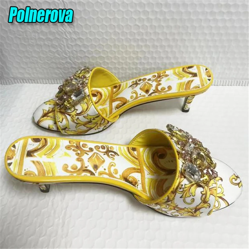Summer Yellow Printed High Heels Luxury Rhinestone Open Toe Thin Heel Slippers Fashion Genuine Leather Party Stiletto Shoes
Summer Yellow Printed High Heels Luxury Rhinestone Open Toe Thin Heel Slippers Fashion Genuine Leather Party Stiletto Shoes