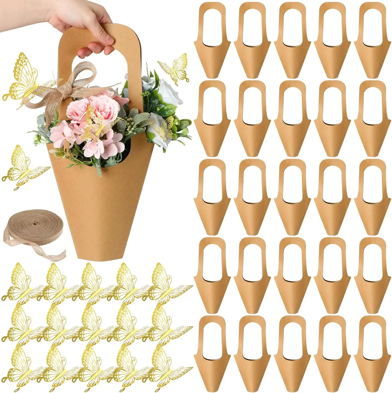 12-48Set Kraft Paper Flower Gift Bags with Handle and 3D Gold Butterfly Stickers & Burlap Ribbon Wrapping Gift Bags for Party
12-48Set Kraft Paper Flower Gift Bags with Handle and 3D Gold Butterfly Stickers & Burlap Ribbon Wrapping Gift Bags for Party