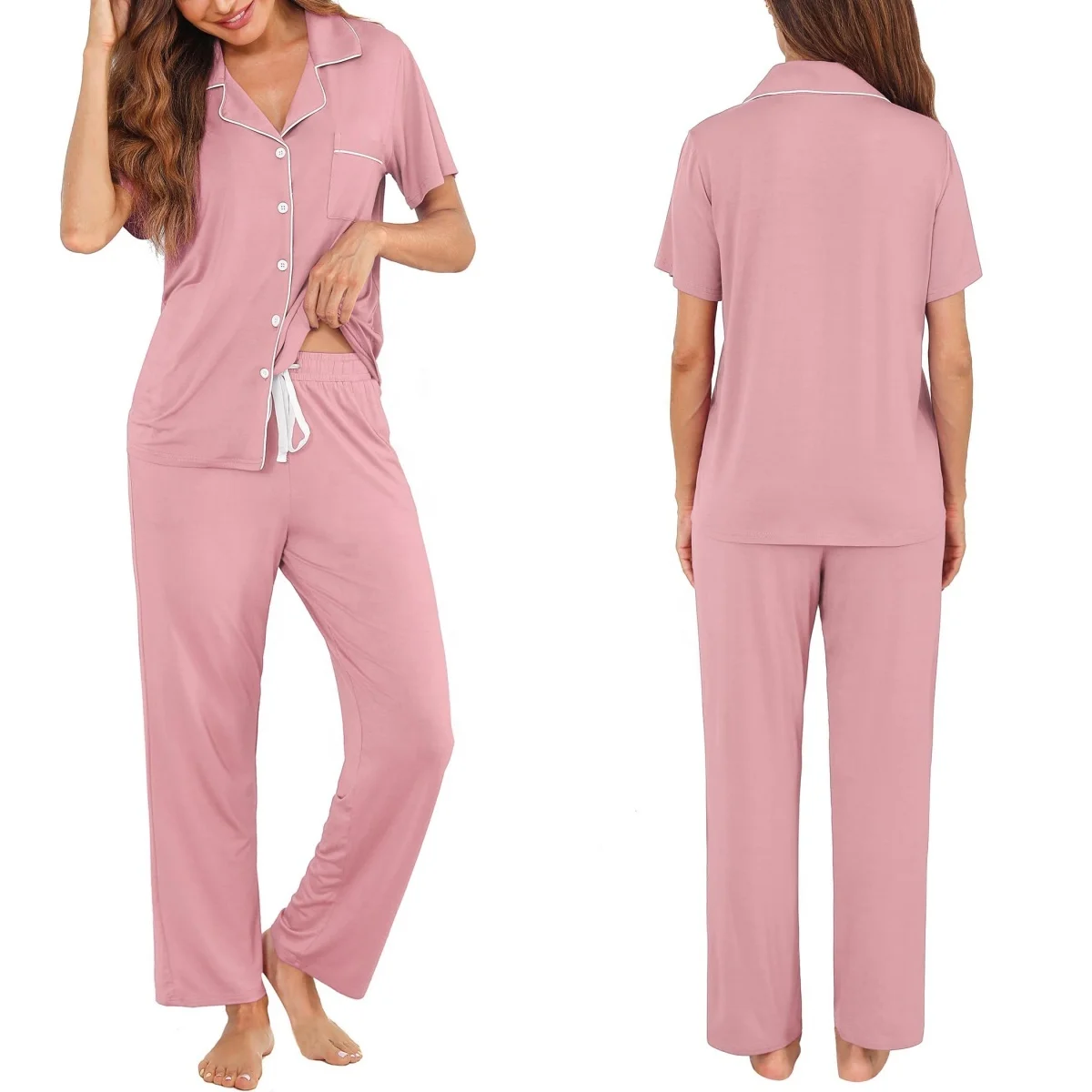 Bamboo Viscose Pajama Sets for Women Custom Logo Summer Button Down Short Sleeve Shirt Pajama Pants Sleepwear S-XXL
Bamboo Viscose Pajama Sets for Women Custom Logo Summer Button Down Short Sleeve Shirt Pajama Pants Sleepwear S-XXL