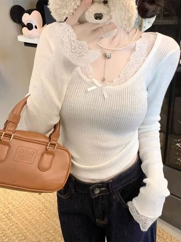 White Lace Trim U-Neck Knitwear Women's Slim Fit Long Sleeve Base Shirt Korean Style Commute Soft Polyester Fiber Spring Autumn
White Lace Trim U-Neck Knitwear Women's Slim Fit Long Sleeve Base Shirt Korean Style Commute Soft Polyester Fiber Spring Autumn