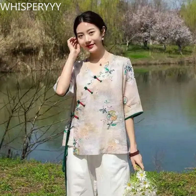 Chinese Style Modern Female Hanfu Women Vintage Floral Print V Neck Shirt National Fashion Loose Tops Tang Suit Summer Blouse
Chinese Style Modern Female Hanfu Women Vintage Floral Print V Neck Shirt National Fashion Loose Tops Tang Suit Summer Blouse