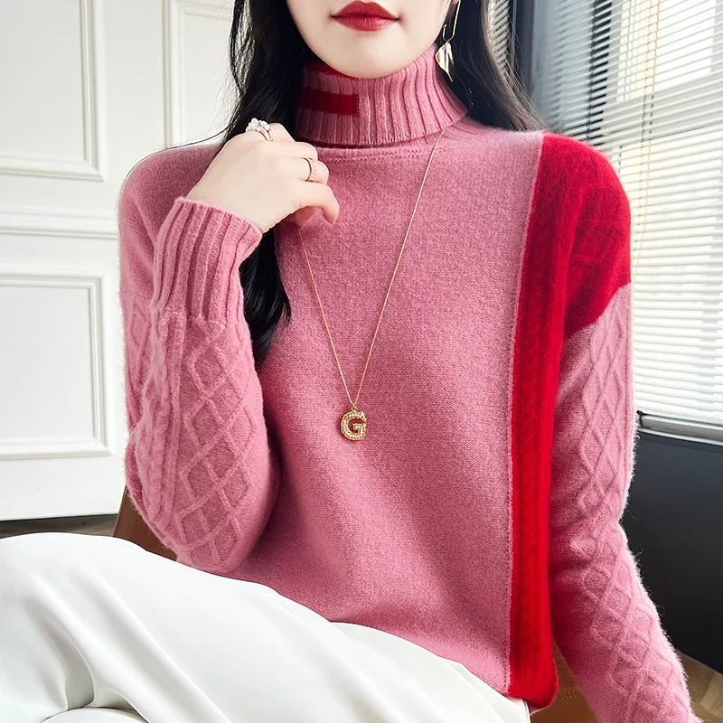autumn and winter 24 new 100 pure wool knitted women's high neck pullover for warmth, color blocked full sleeved sweater
autumn and winter 24 new 100 pure wool knitted women's high neck pullover for warmth, color blocked full sleeved sweater