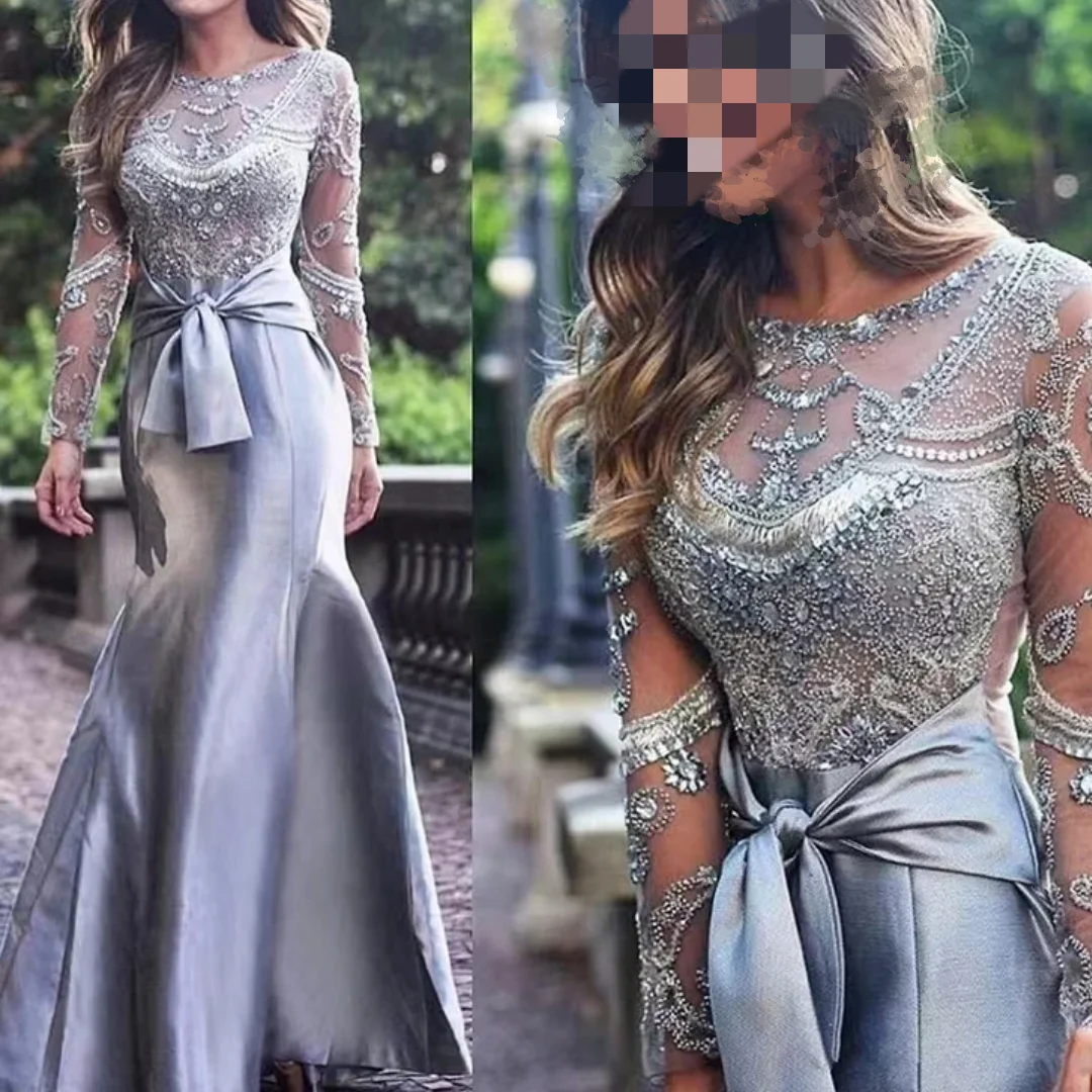 Gorgeous Silver Mermaid Mother of the Bride Dresses Bow Belt Long Sleeves Beading Jewel Neck Wedding Guest Gowns Customized 2025
Gorgeous Silver Mermaid Mother of the Bride Dresses Bow Belt Long Sleeves Beading Jewel Neck Wedding Guest Gowns Customized 2025