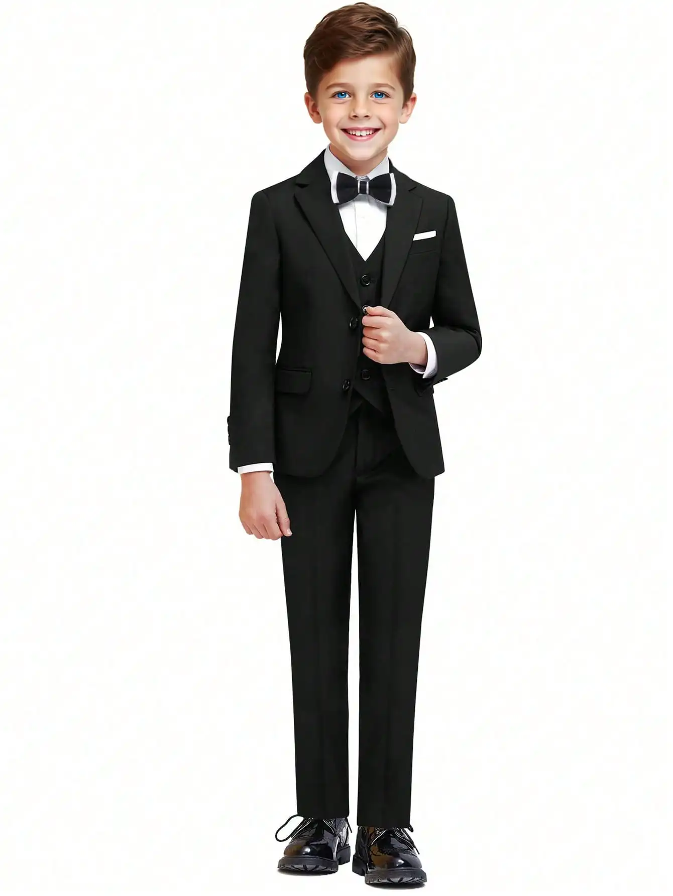 Boys Slim Fit Formal Suit Set: Jacket, Pants, Vest & Bow Tie for Weddings
Boys Slim Fit Formal Suit Set: Jacket, Pants, Vest & Bow Tie for Weddings