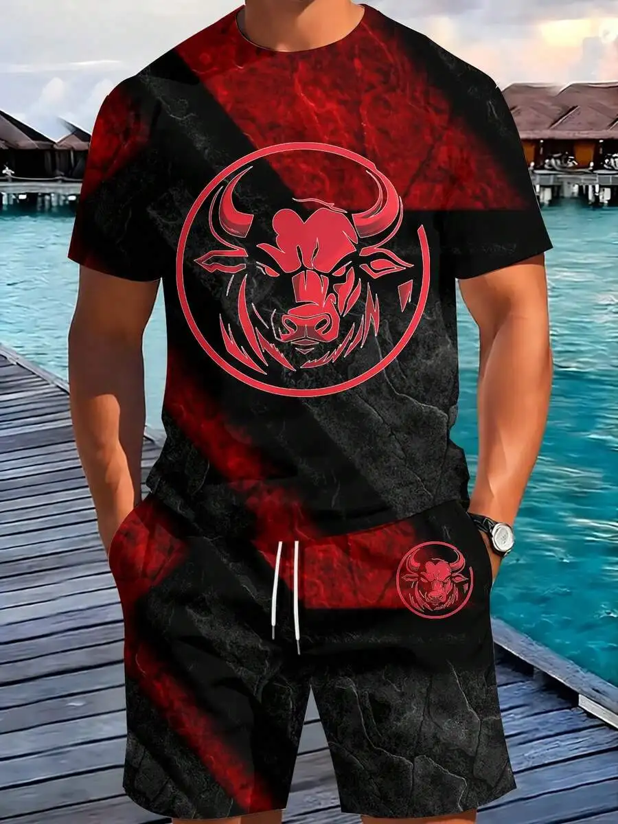 Mens Casual Tracksuit Set With Bull Graphic Print Tee And Shorts
Mens Casual Tracksuit Set With Bull Graphic Print Tee And Shorts