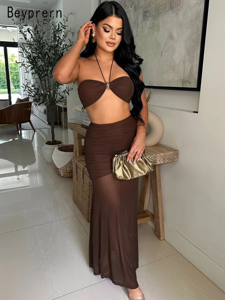 Beyprern Chic Women Halter Neck Bra Top And Mesh Ruched Maxi Skirt Set 2 Piece Dress Green Holiday Outfits Metal Beach Suits Set
Beyprern Chic Women Halter Neck Bra Top And Mesh Ruched Maxi Skirt Set 2 Piece Dress Green Holiday Outfits Metal Beach Suits Set