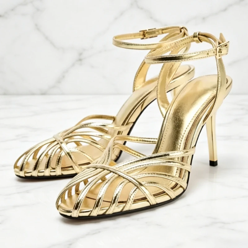 Gold hollow Narrow Band High-heeled Sandals Women Fashion Patent Leather Ankle Strap Buckle Heels Luxury Brand Designer Shoes
Gold hollow Narrow Band High-heeled Sandals Women Fashion Patent Leather Ankle Strap Buckle Heels Luxury Brand Designer Shoes